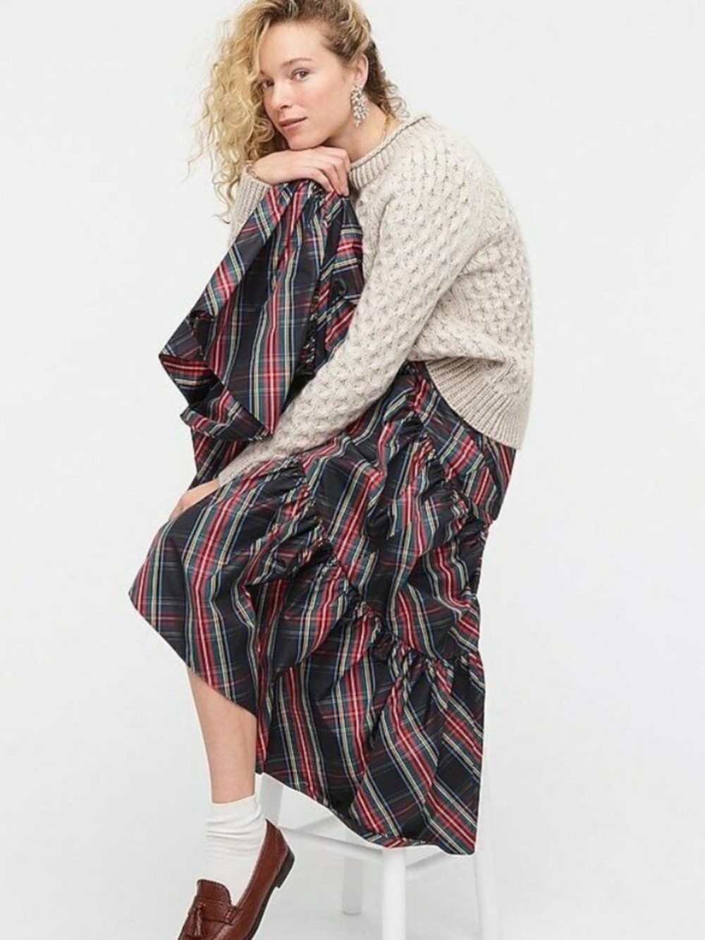 J. Crew Tiered maxi skirt in black Stewart tartan taffeta